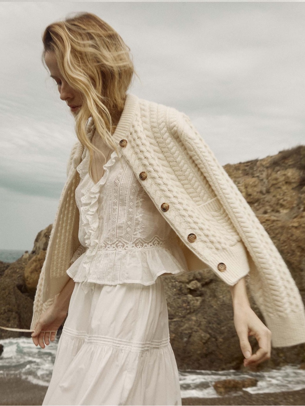 NEW DÔEN Marilene Ivory Wool Blend Cable Knit Cardigan XS NWT
